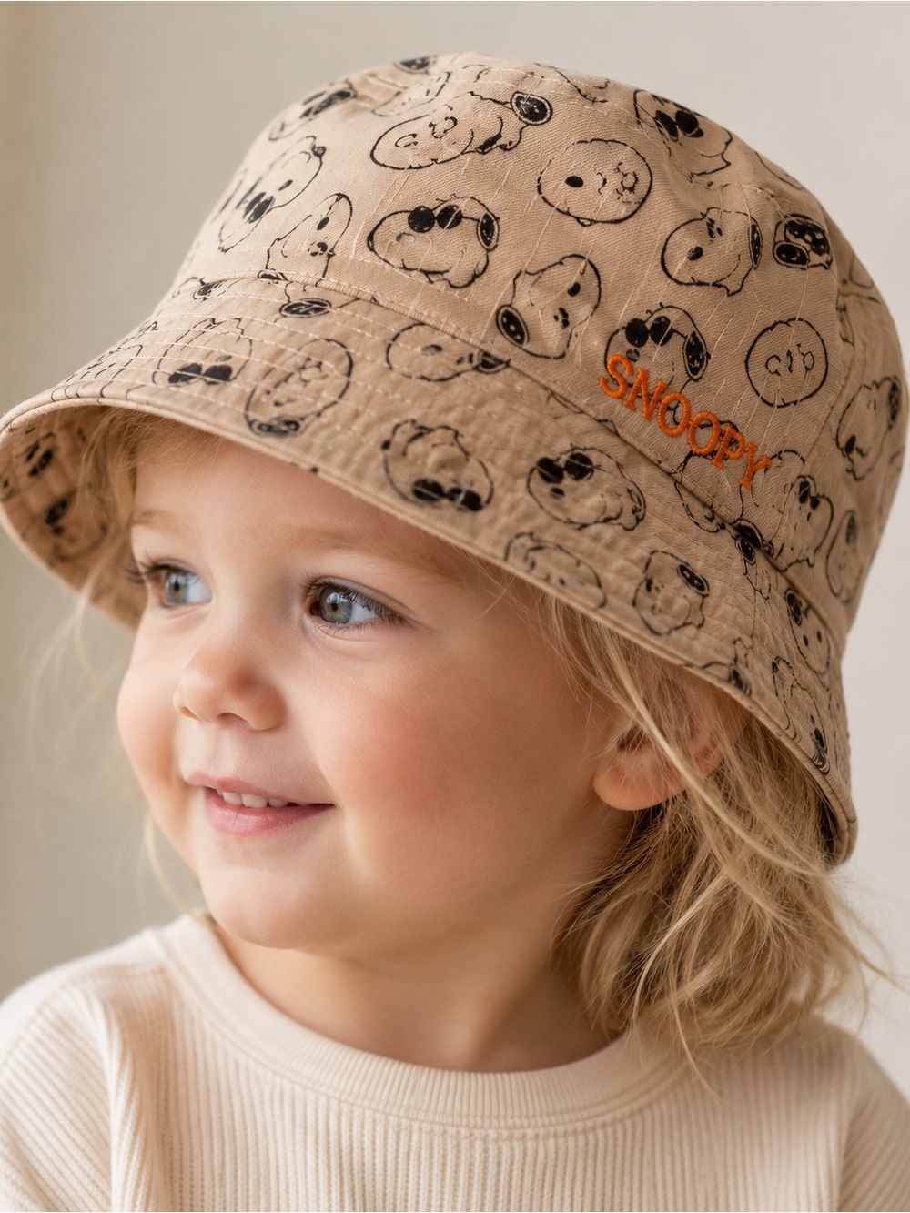 Zara Tan Bucket Hat with Black Snoopy Print and Orange Embroidery